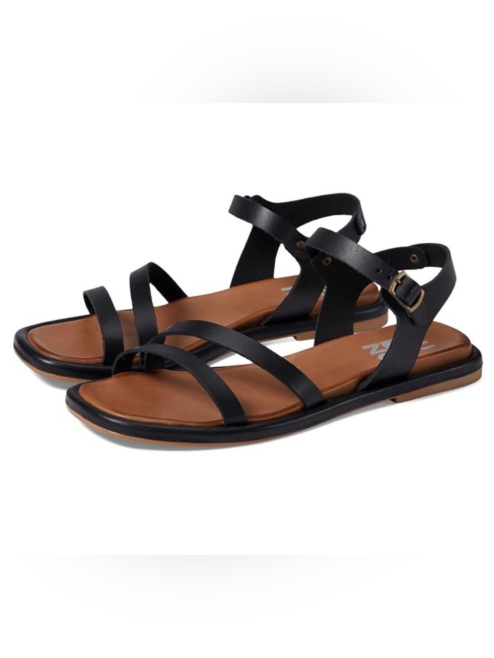 {Bueno} Black Flat Leather Sandals